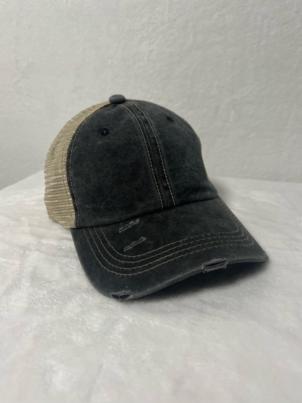 NWOT Distressed Black Denim Baseball Cap Trucker Hat with Beige Mesh Back